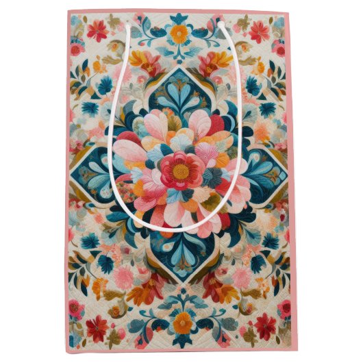 Pastel Drawing of a Floral Pattern Block ミディアムペーパーバッグ (正面)