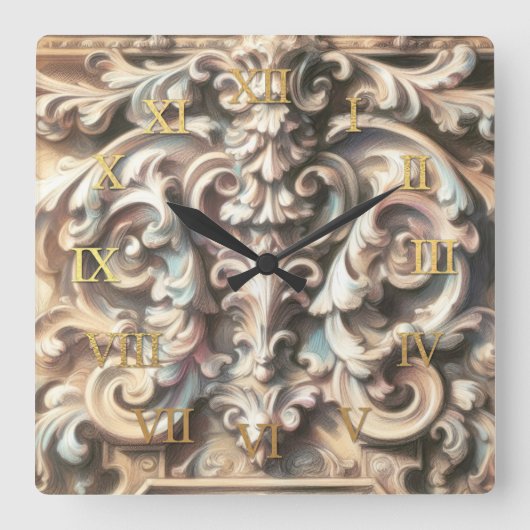 Pastel Drawing of Architecture Ornate Stone Carved スクエア壁時計 (正面)