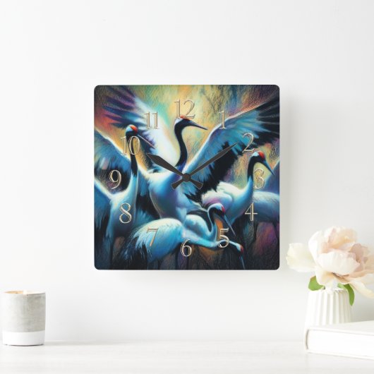 Pastel Drawing of Chinese Red-Crowned Cranes スクエア壁時計 (ホーム)