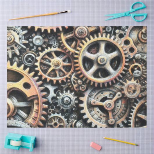 Pastel Drawing of Cogs Gears Steampunk 薄葉紙 (クラフト)