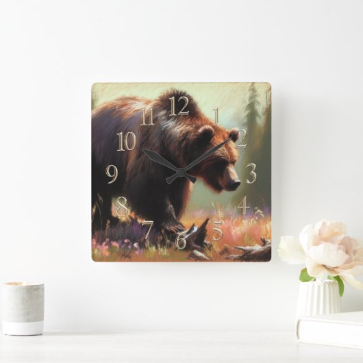 Pastel Drawing of Grizzly Bear in Nature スクエア壁時計 (ホーム)