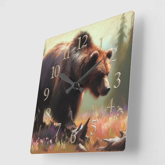 Pastel Drawing of Grizzly Bear in Nature スクエア壁時計 (傾斜)