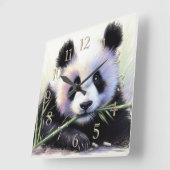 Pastel Drawing of Panda Bear Bamboo II スクエア壁時計 (傾斜)