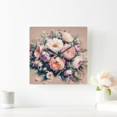 Pastel Drawing Peony Bouquet Pink Wall Clock スクエア壁時計 (ホーム)