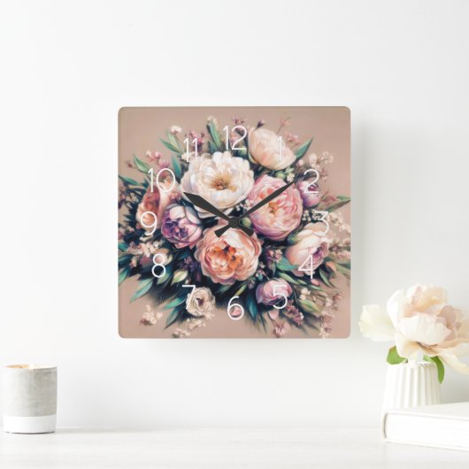 Pastel Drawing Peony Bouquet Pink Wall Clock スクエア壁時計 (ホーム)