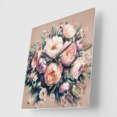 Pastel Drawing Peony Bouquet Pink Wall Clock スクエア壁時計 (傾斜)