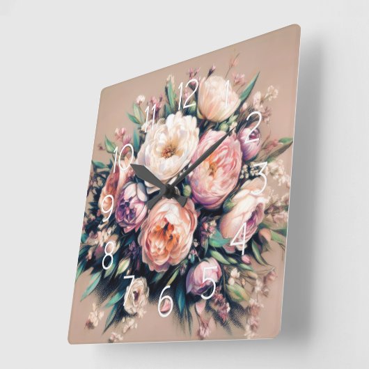 Pastel Drawing Peony Bouquet Pink Wall Clock スクエア壁時計 (傾斜)