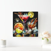 Pastel Drawing Pink Cocktail Citrus Slices Spices スクエア壁時計 (ホーム)