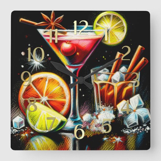 Pastel Drawing Pink Cocktail Citrus Slices Spices スクエア壁時計 (正面)