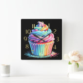 Pastel Drawing Rainbow Swirl Frosting Cupcake スクエア壁時計 (ホーム)