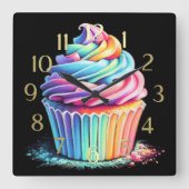 Pastel Drawing Rainbow Swirl Frosting Cupcake スクエア壁時計 (正面)