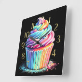 Pastel Drawing Rainbow Swirl Frosting Cupcake スクエア壁時計 (傾斜)