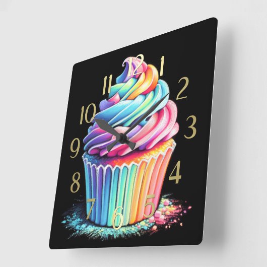 Pastel Drawing Rainbow Swirl Frosting Cupcake スクエア壁時計 (傾斜)