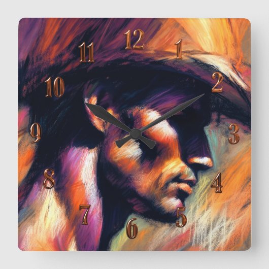Pastel Drawing Rough Style Sketch Shirtless Cowboy スクエア壁時計 (正面)