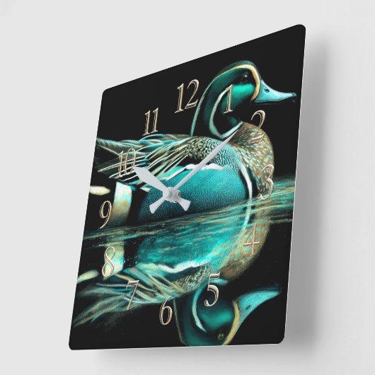 Pastel Drawing Teal Duck on Water スクエア壁時計 (傾斜)