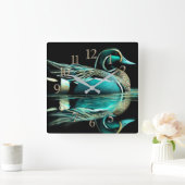 Pastel Drawing Teal Duck on Water スクエア壁時計 (ホーム)