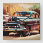Pastel Drawing Vintage Car 1950 スクエア壁時計 (正面)