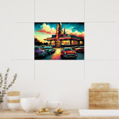 Pastel Drawing Vintage Diner and Cars ポスター (キッチン)