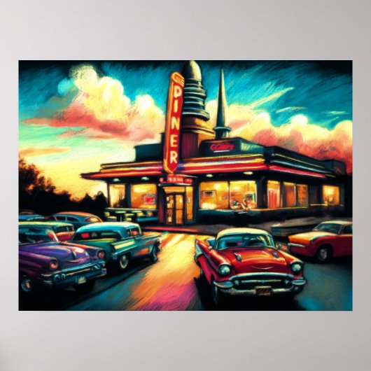 Pastel Drawing Vintage Diner and Cars ポスター (正面)