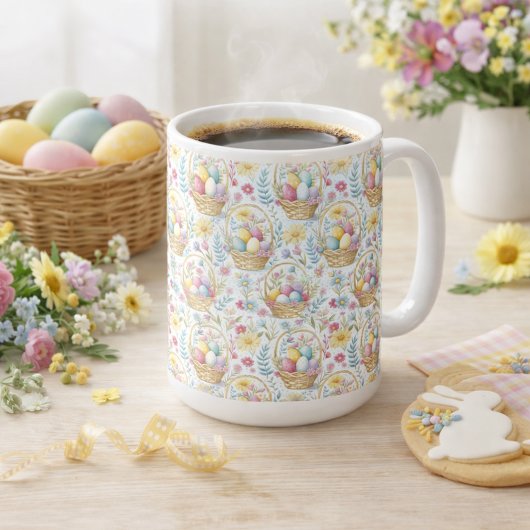 Pastel Easter Basket Pattern with Spring Florals コーヒーマグカップ