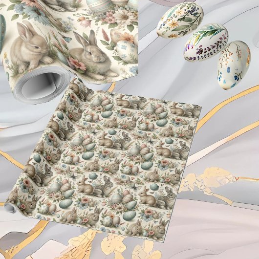 Pastel Easter Bunny Decorative Eggs Spring Floral  ラッピングペーパー