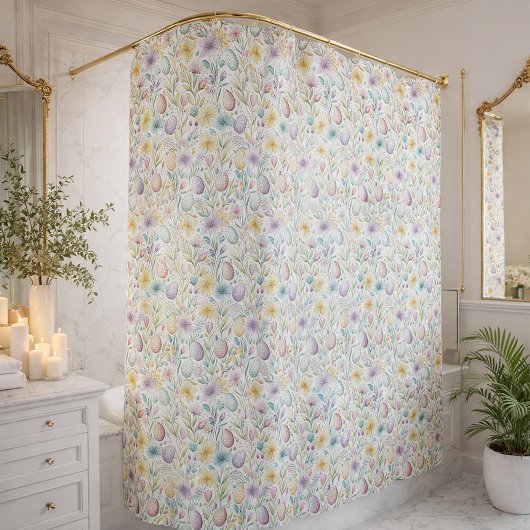 Pastel Easter Egg and Spring Floral Pattern シャワーカーテン