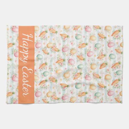 Pastel Easter Eggs & Carrots Watercolor Pattern  キッチンタオル (横)