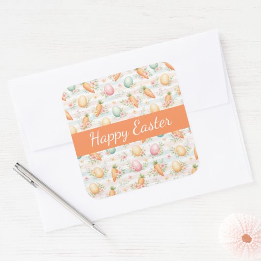 Pastel Easter Eggs & Carrots Watercolor Pattern  スクエアシール (封筒)