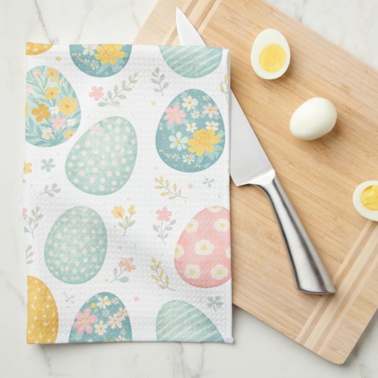 Pastel Easter Eggs Floral Pattern - Cute Spring  キッチンタオル (四つ折り)