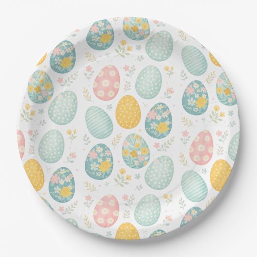Pastel Easter Eggs Floral Pattern - Cute Spring  ペーパープレート (正面)