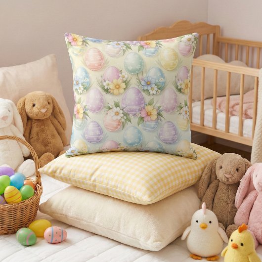Pastel Easter Eggs & Flowers - Whimsical Spring クッション