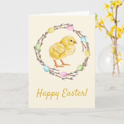 Pastel Easter Willow Wreath With Baby Chick カード (黄色い花)