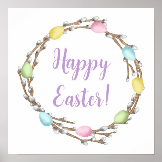 Pastel Eggs Willow Wreath Colorful Happy Easter ポスター (正面)
