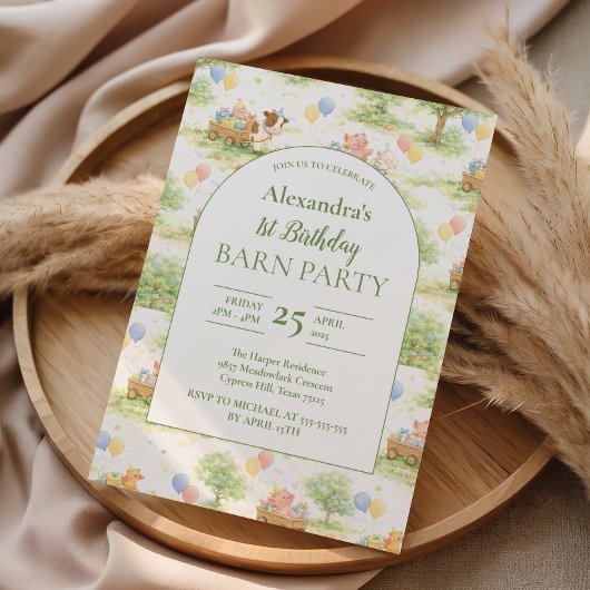 Pastel Farm Animals Barn Party 1st Birthday 招待状