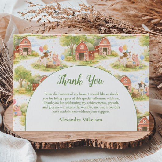 Pastel Farm Animals Barnyard 1st Birthday サンキューカード