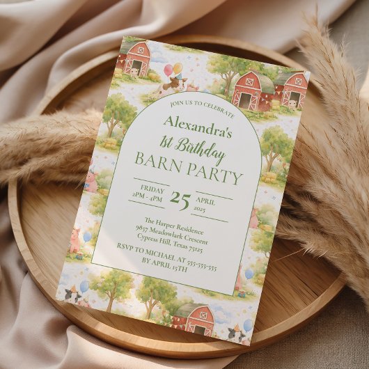 Pastel Farm Animals Barnyard 1st Birthday 招待状