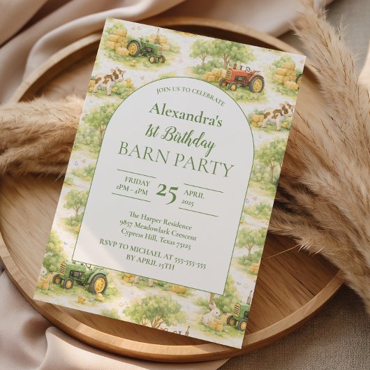 Pastel Farm Tractor Barnyard 1st Birthday 招待状