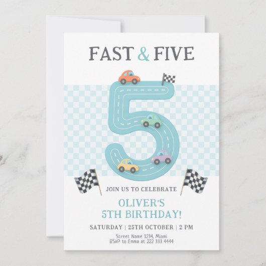 Pastel Fast Five Birthday Car 招待状 (正面)