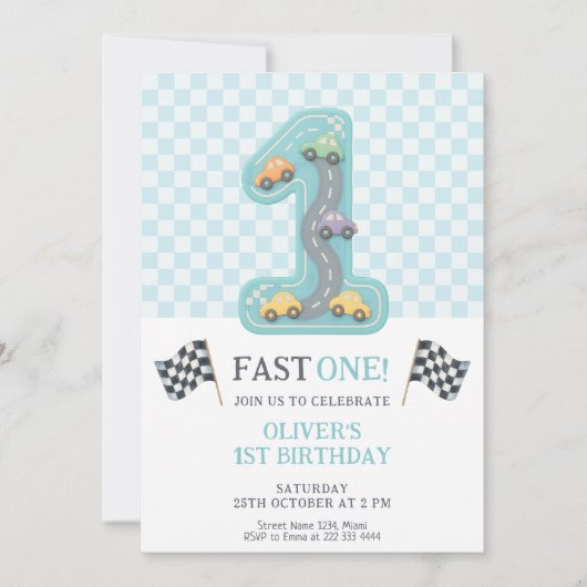 Pastel Fast One Birthday Car 招待状 (正面)
