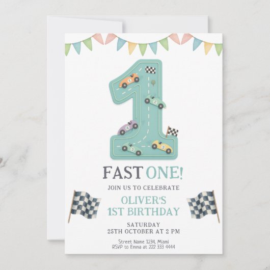 Pastel Fast One Birthday Race 招待状 (正面)