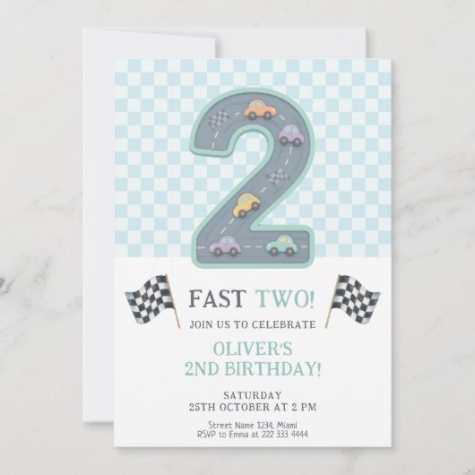 Pastel Fast Two Birthday Car 招待状 (正面)