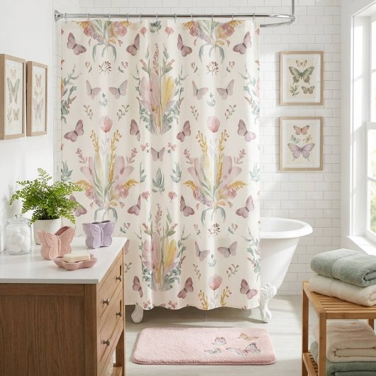 Pastel Floral Butterfly シャワーカーテン