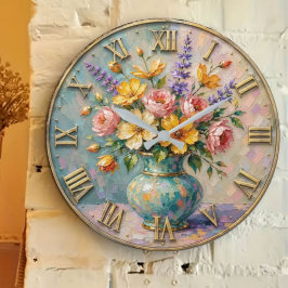 Pastel Floral Elegant Cottage Garden Decor ラージ壁時計