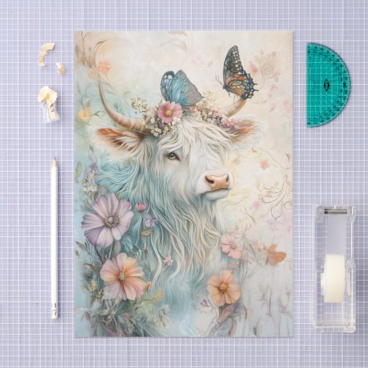 Pastel Floral Highland Cow Decoupage 薄葉紙 (クラフト)