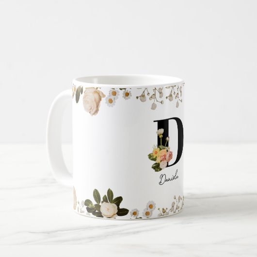 Pastel Floral Monogram 'D' Initial Mug コーヒーマグカップ (正面左)