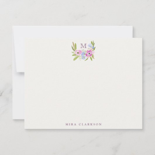 Pastel Floral Monogram Note Card 招待状 (正面)