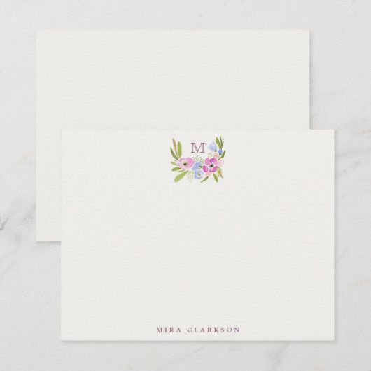 Pastel Floral Monogram Note Card 招待状 (正面/裏面)