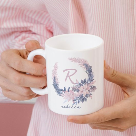 Pastel Floral Monogram Winter Mug Custom Name Gift コーヒーマグカップ