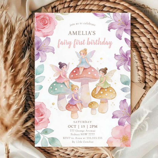 Pastel Floral Mushroom Fairy First 1st Birthday 招待状