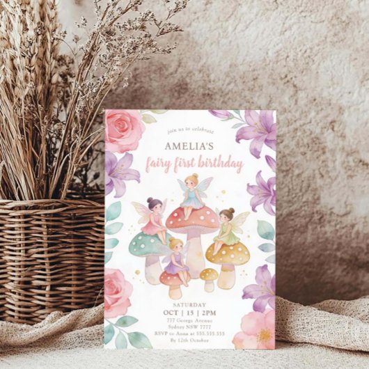 Pastel Floral Mushroom Fairy First 1st Birthday 招待状